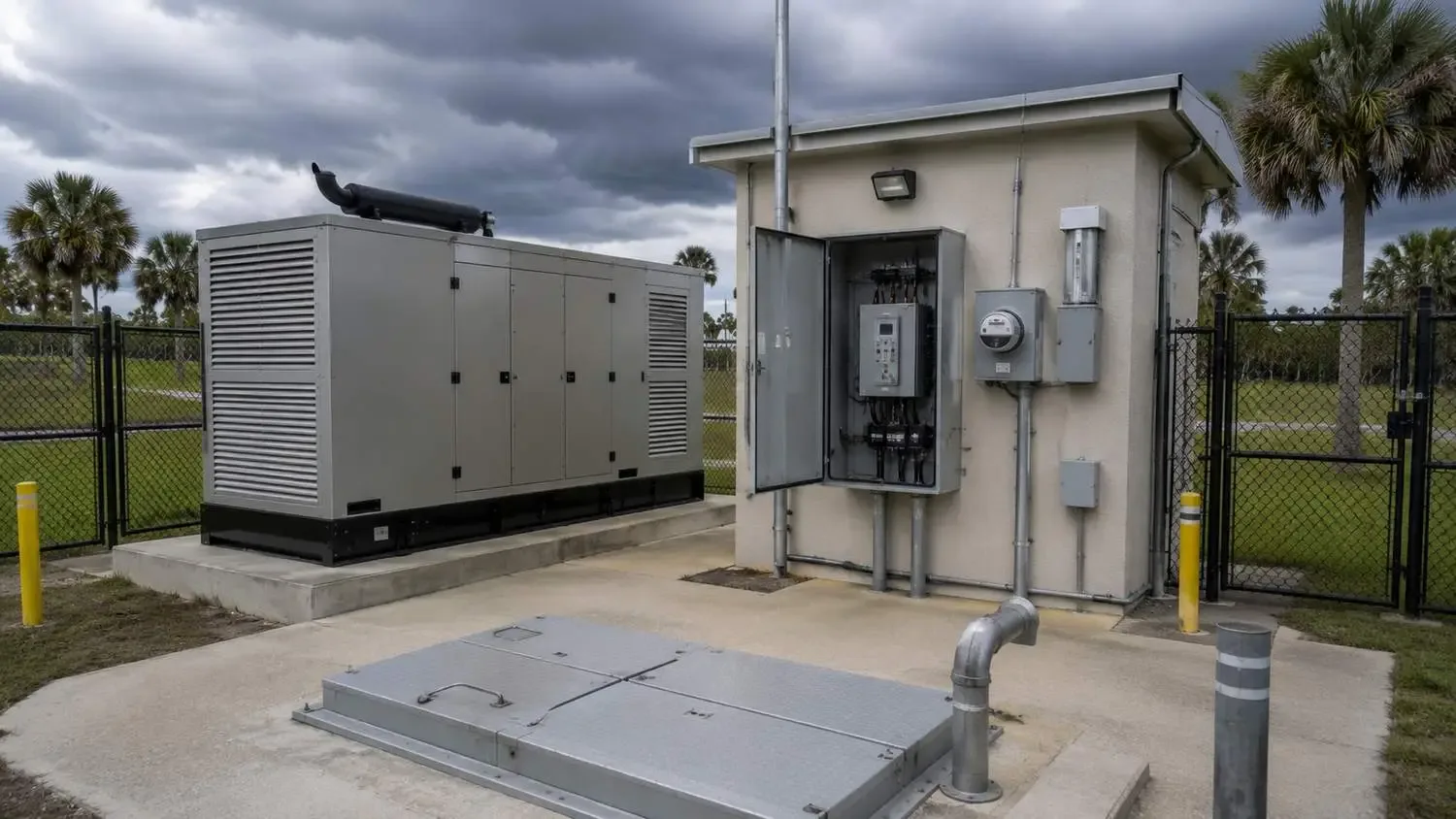 Florida lift station with an on-site standby diesel generator and automatic transfer switch for hurricane emergency power.
