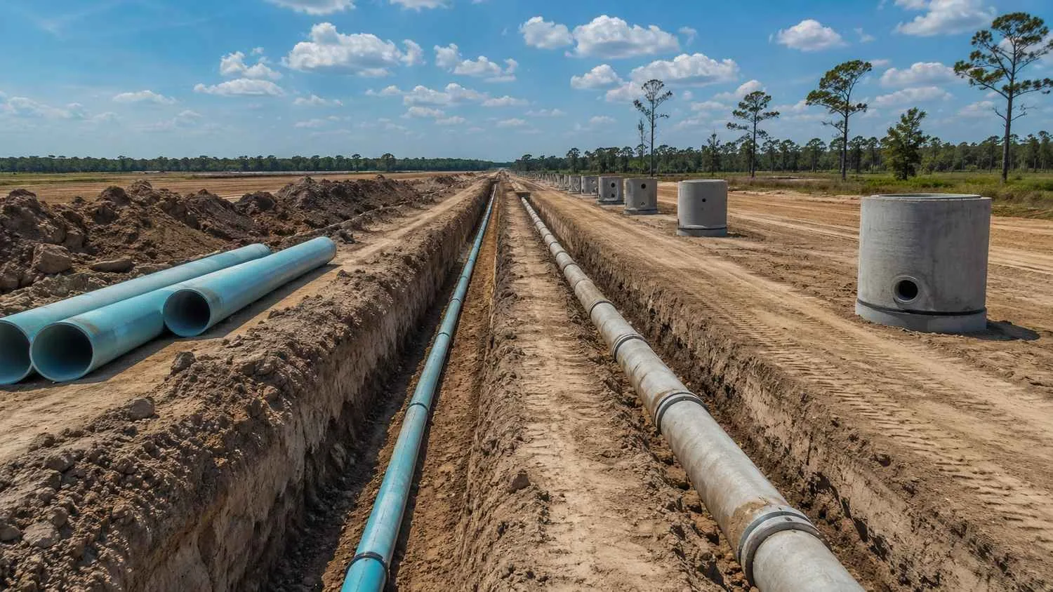Houston area master planned community water and sewer infrastructure under construction.