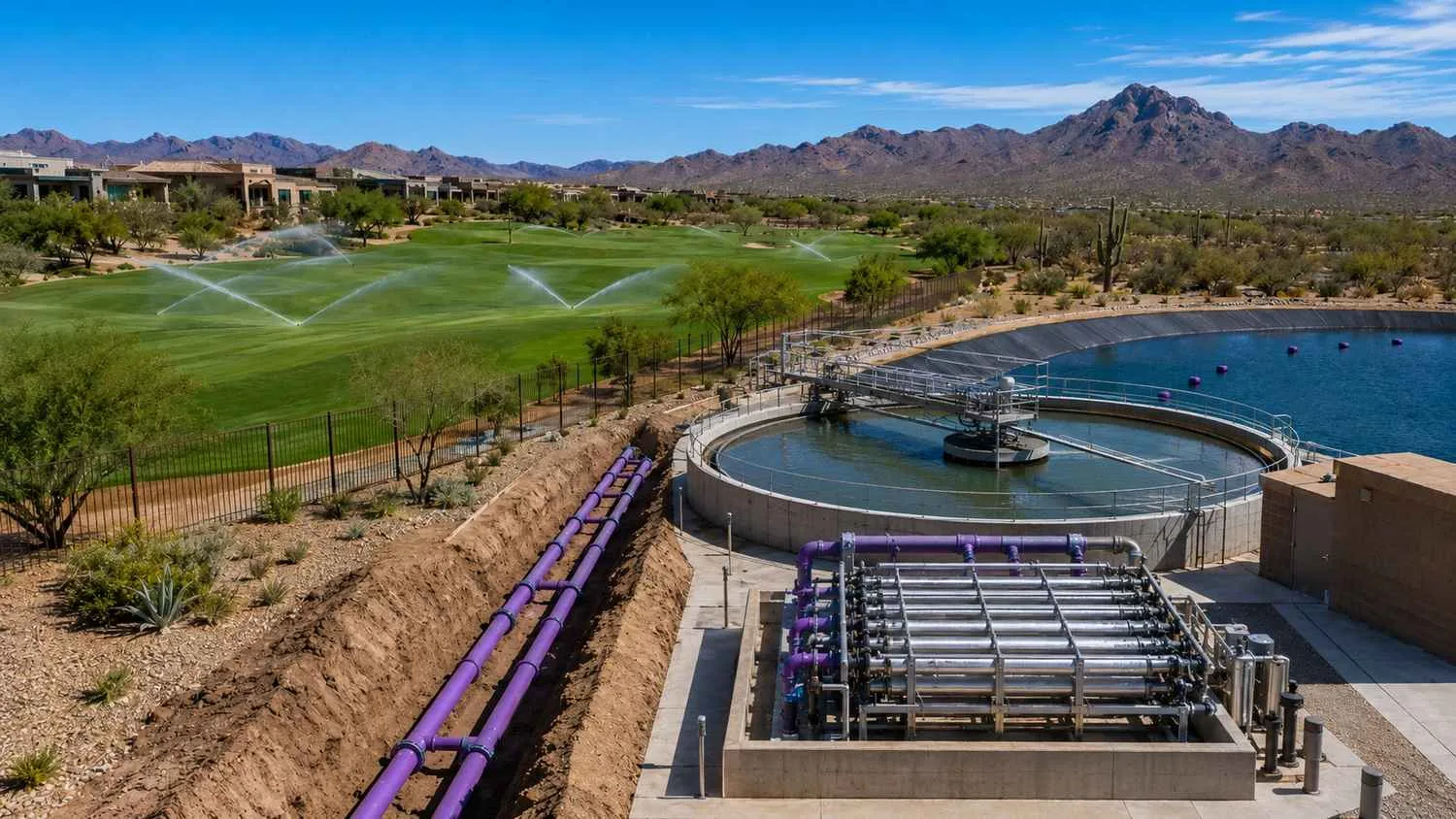 Arizona master-planned community purple pipe reclaimed water irrigation system serving landscape and common areas.