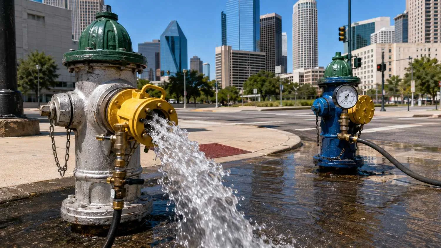 Hydrant flow test in progress at Dallas urban development site.