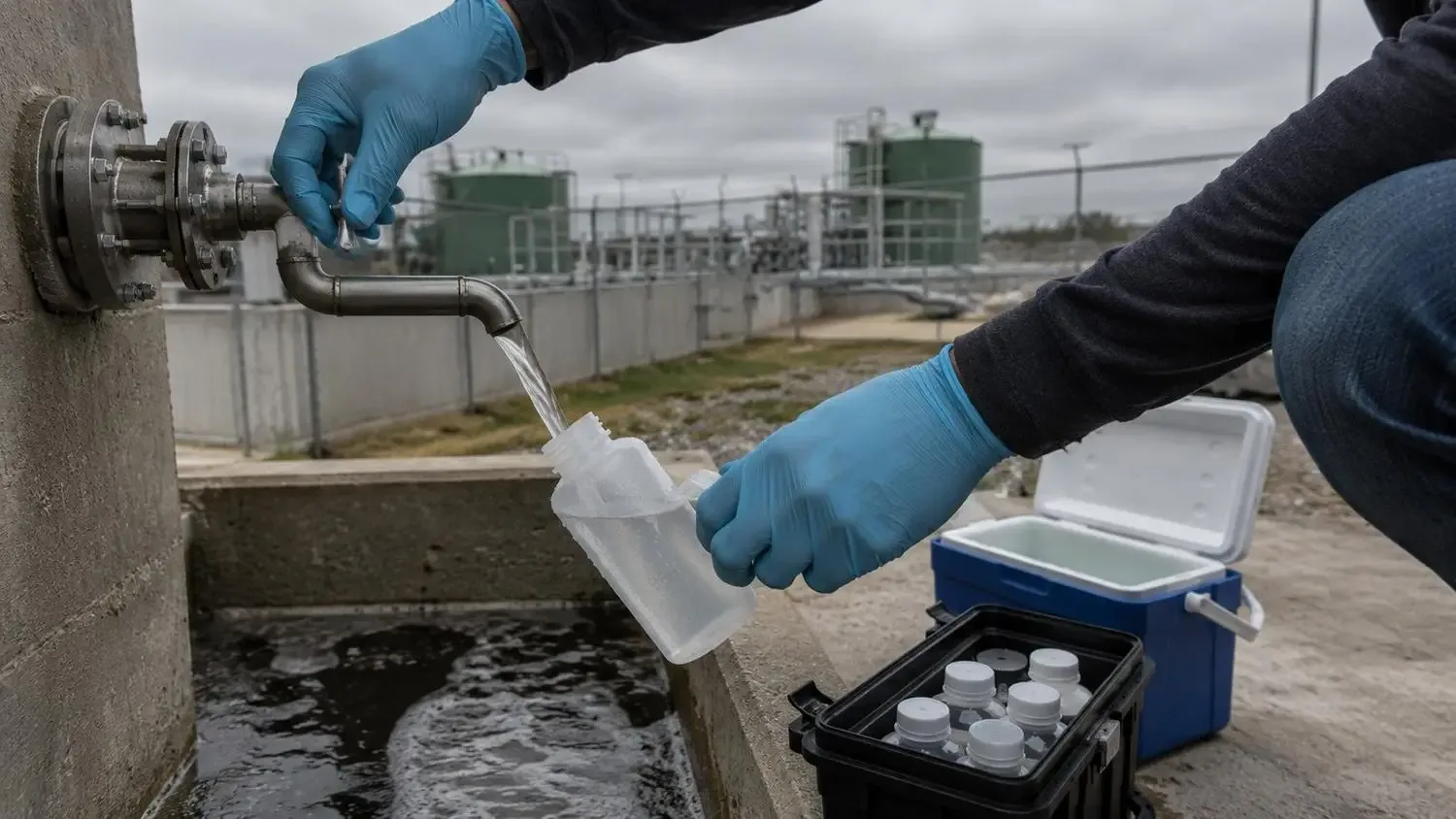 Lab technician collecting a wastewater effluent sample from a treatment facility discharge point into a labeled sample bottle for permit compliance testing