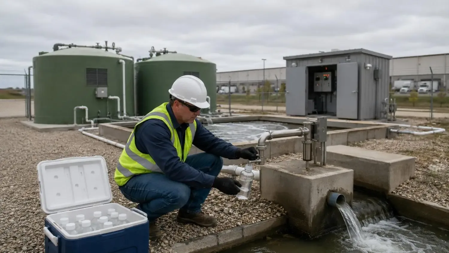 Operational private wastewater treatment plant in Texas showing an operator collecting effluent samples at the discharge monitoring point, with treatment tanks, a control building and an effluent outfall visible.