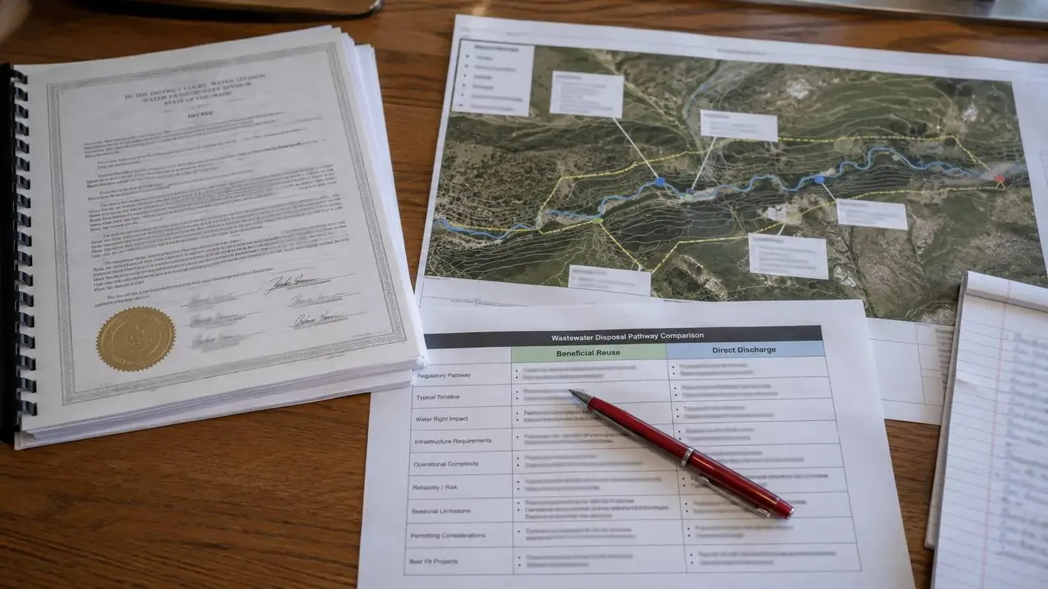 Colorado water rights attorney and engineer reviewing wastewater disposal pathway documents alongside a stream flow map.