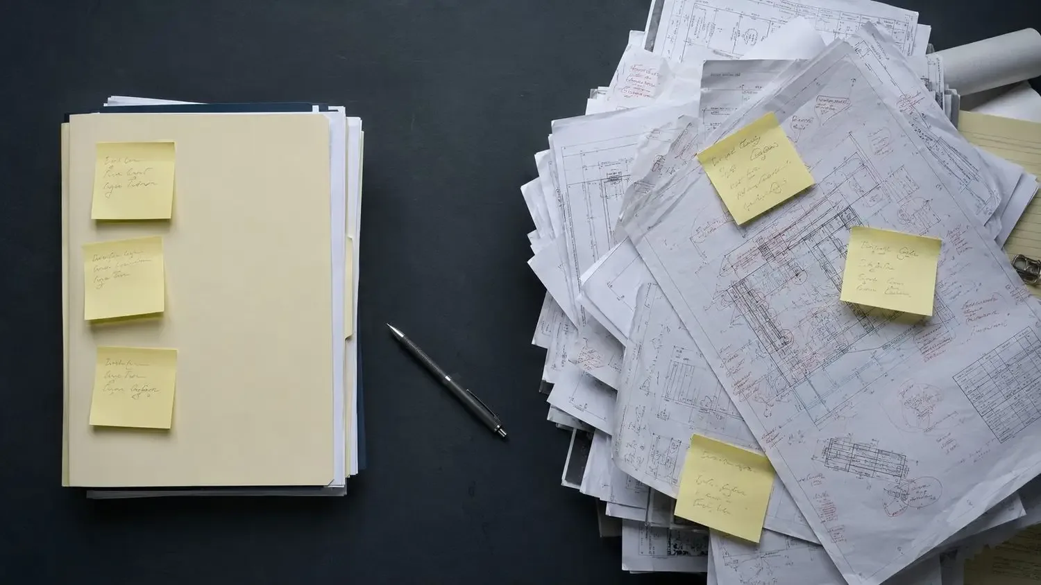 Overhead flat-lay showing a stack of proposal documents, client call notes, and new business folders sitting untouched beside a pile of deadline CAD drawings representing the work that never happened because the principal was finishing production tasks