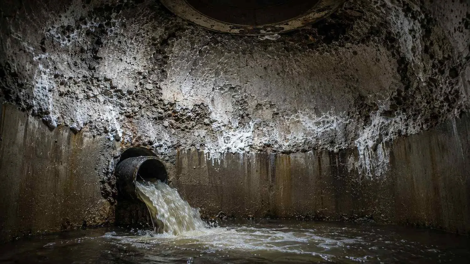 Severely corroded concrete receiving manhole crown showing hydrogen sulfide attack from Florida force main discharge point.