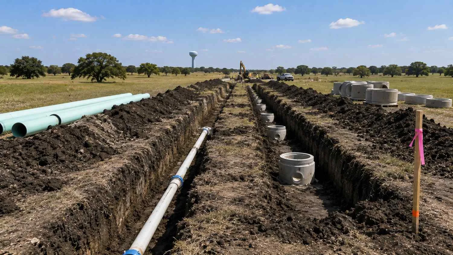 Offsite water and sewer extension installation for McKinney Collin County development plat.