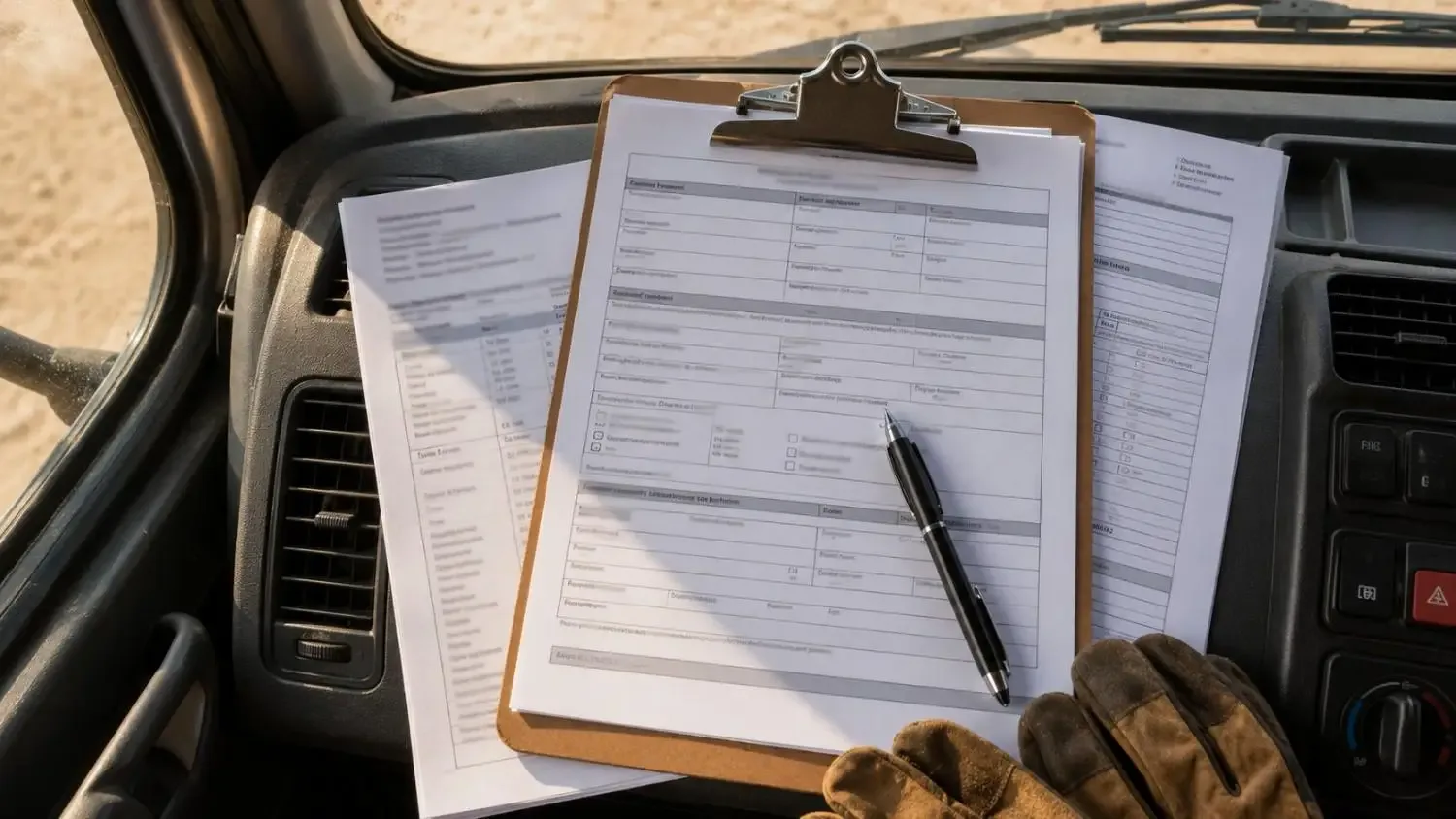 Close-up flat-lay of a biosolids hauling documentation package showing a waste manifest form, a biosolids quality analysis report and a land application site record sheet