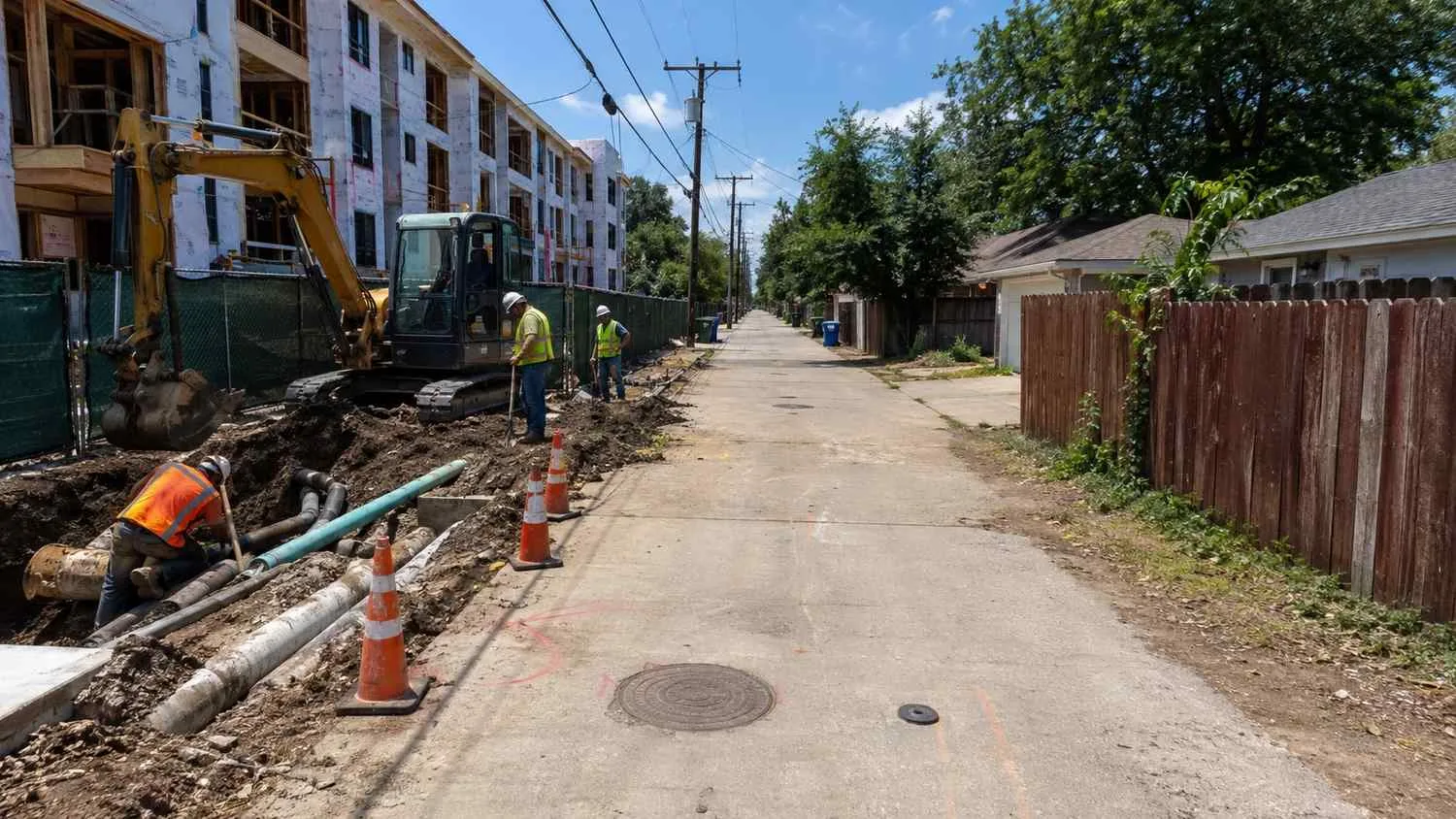 Alley utility infrastructure in Dallas older infill neighborhood serving adjacent PD overlay redevelopment parcel.