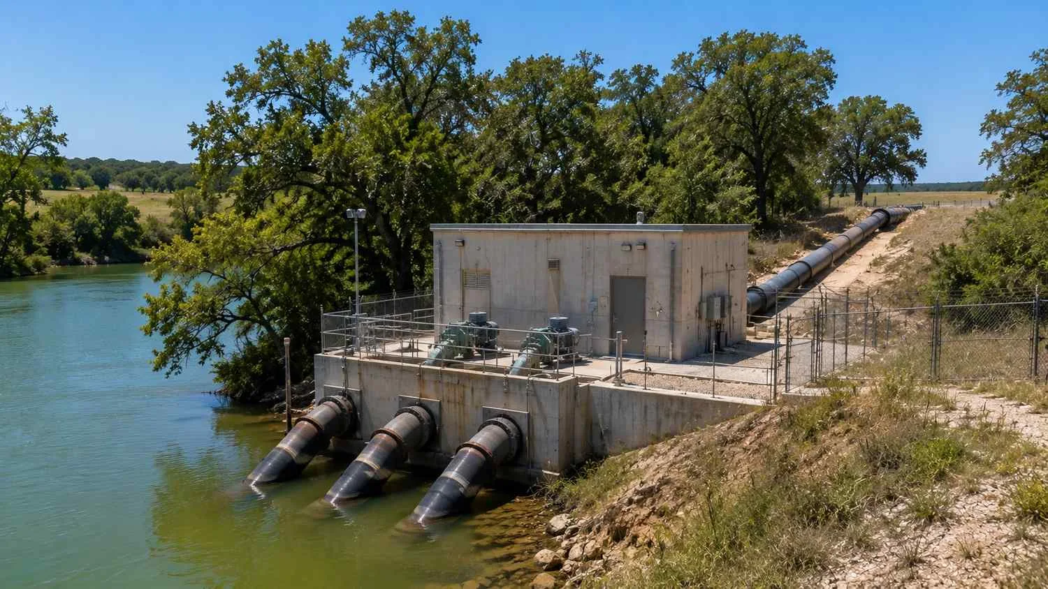 Raw water intake pump station on Colorado River east of Austin.