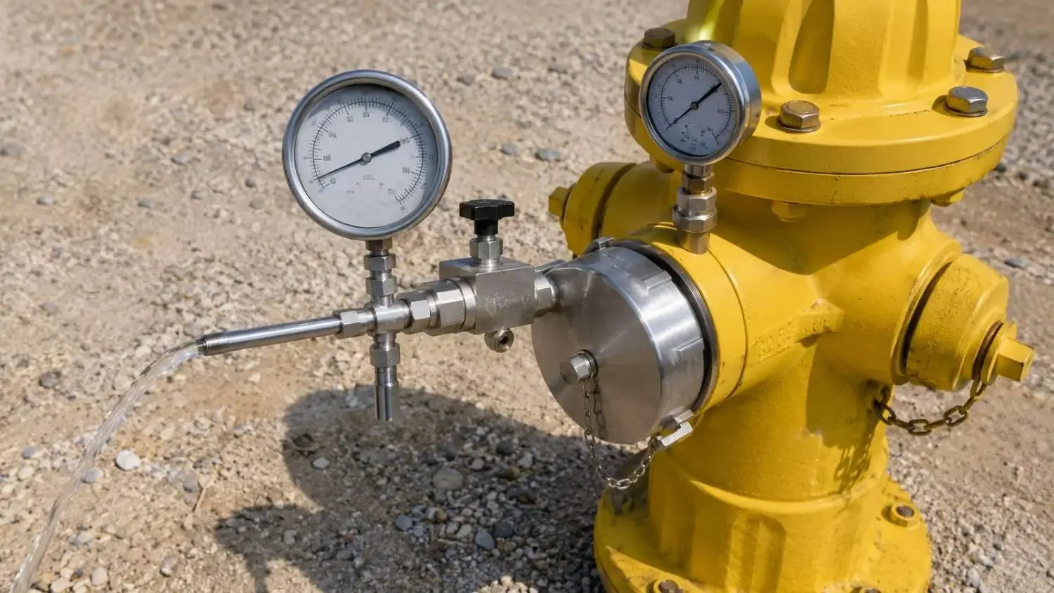 Close-up of a pitot gauge measuring flow at a fire hydrant during a hydrant flow test at a Texas water supply system site.