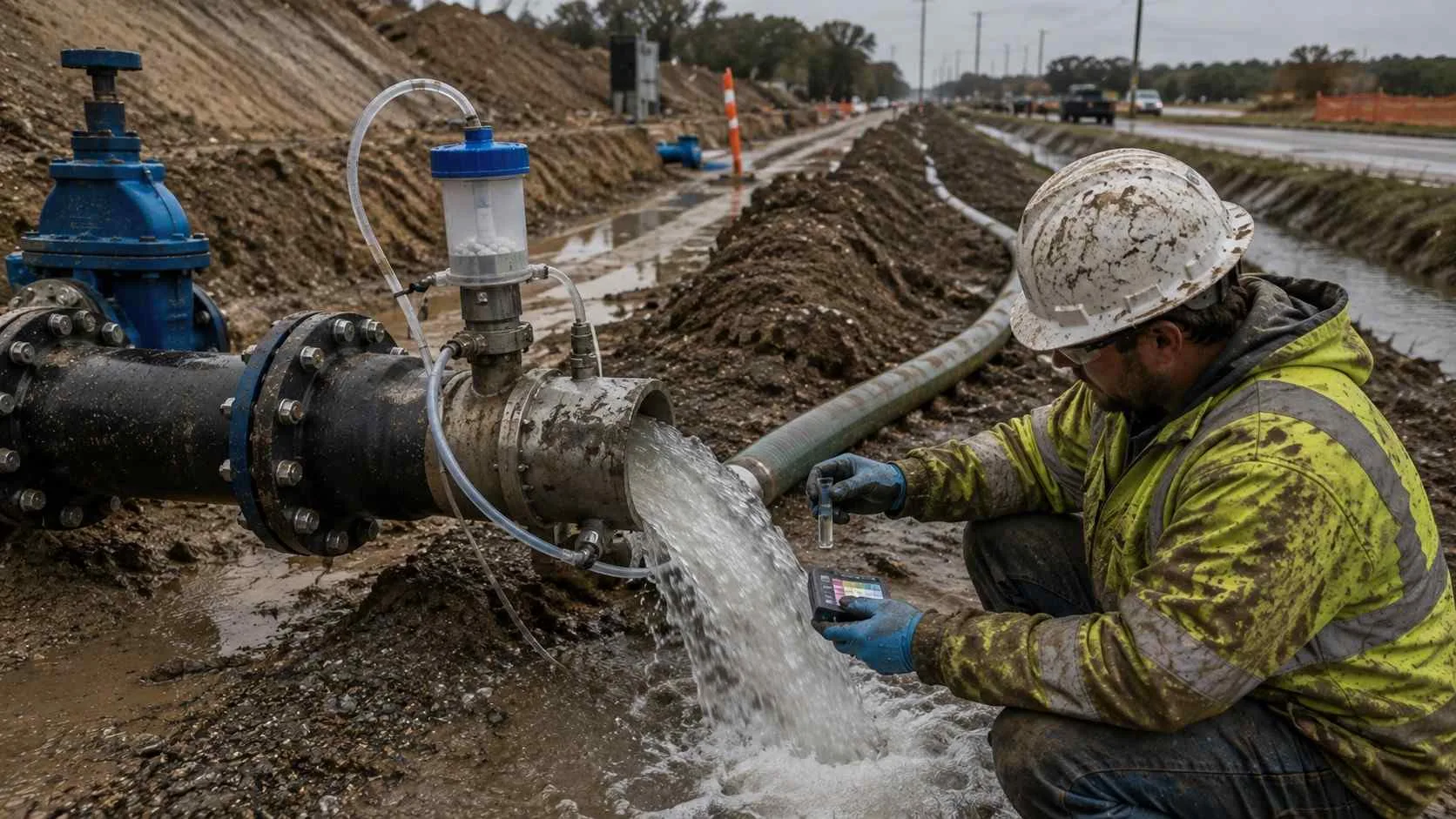 Hydrostatic test water dechlorination equipment at new water main discharge point in Texas.