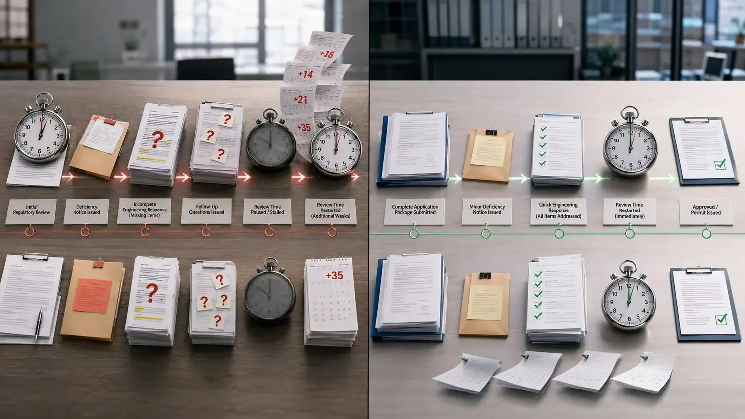 Timeline comparison showing slow permit approval path with paused review clock from incomplete deficiency responses versus fast approval path with responsive deficiency answers and immediate clock restart