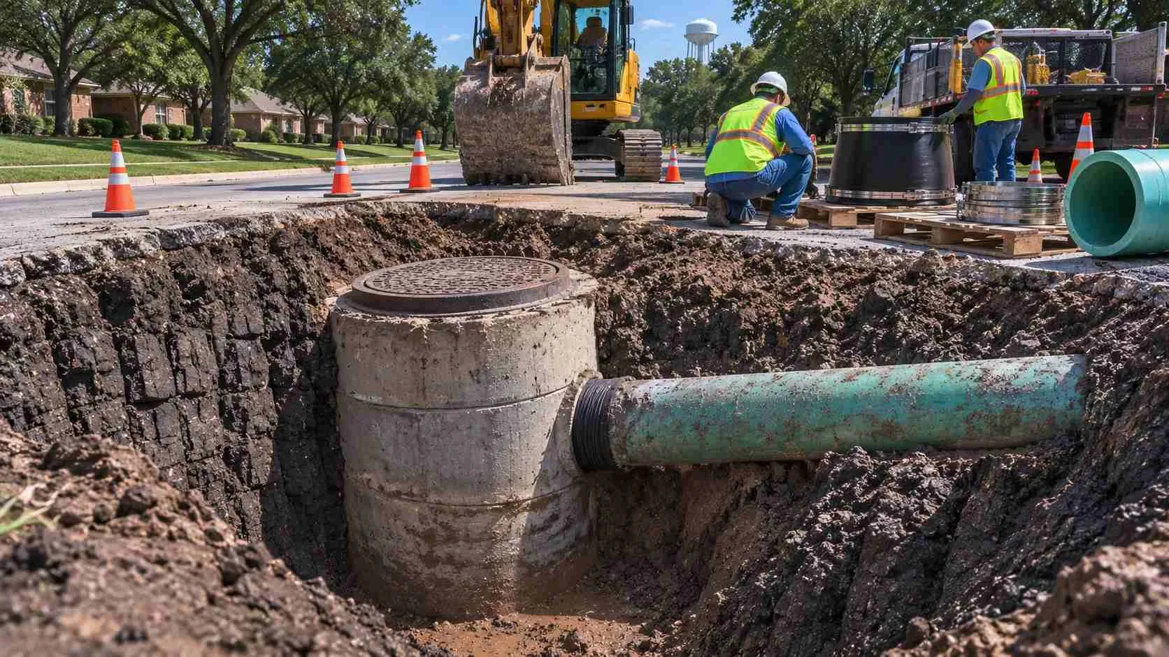 Manhole settlement and sewer slope disruption in Collin County Blackland Prairie clay.