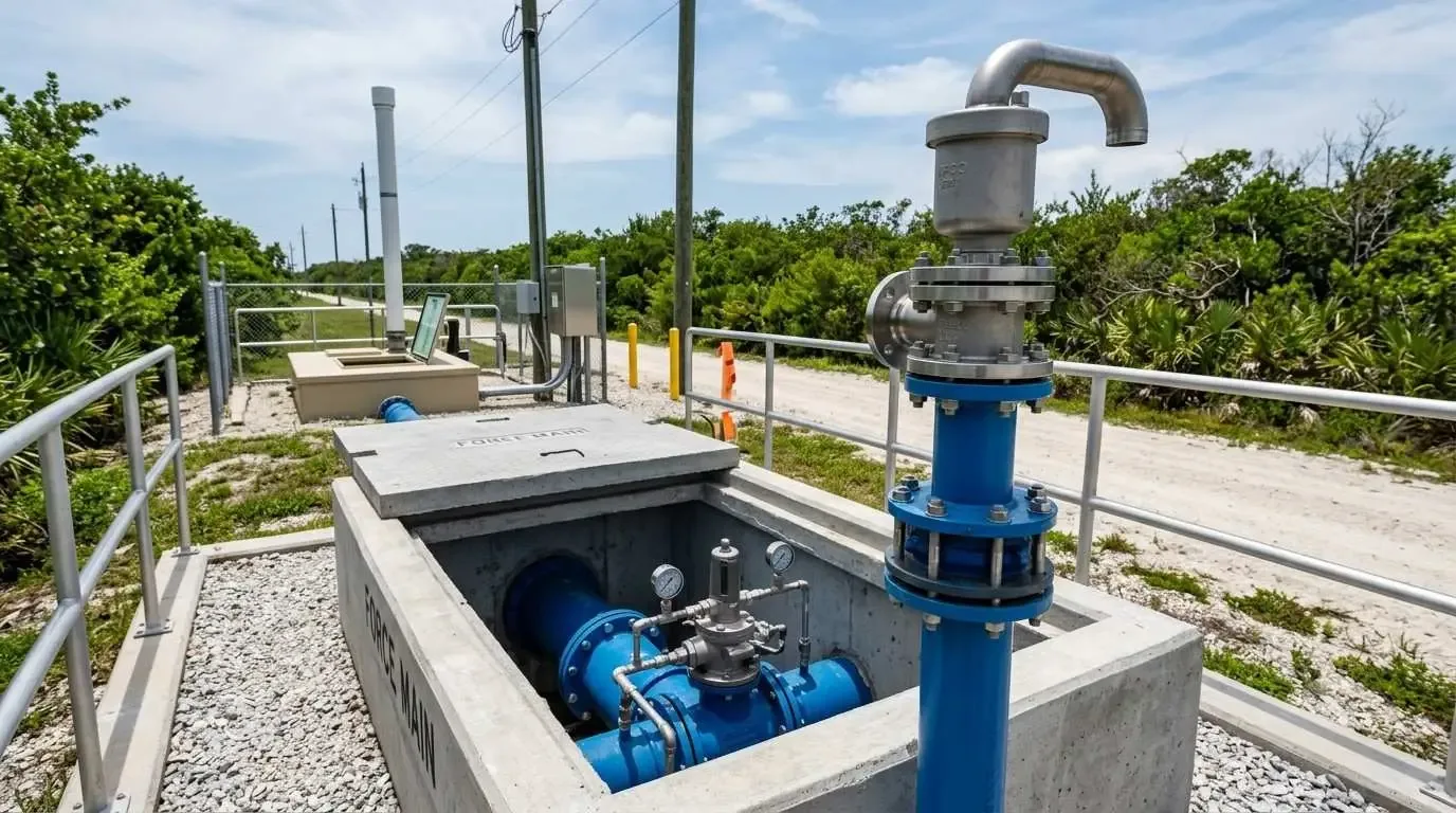 Florida force main air release valve vault and surge protection assembly at a coastal lift station showing corrosion resistant installation.