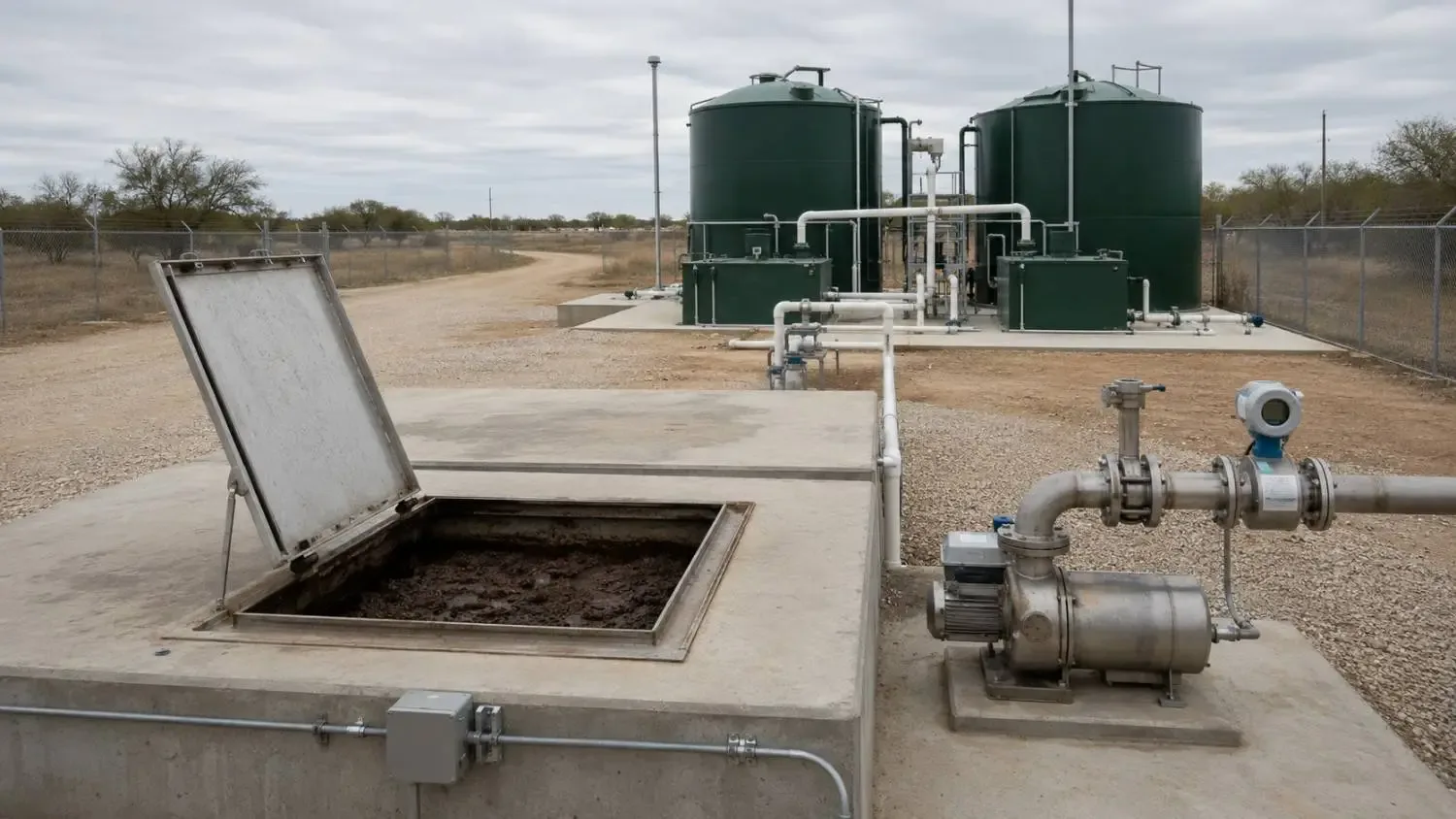 Close-up ground-level shot of a private Texas wastewater treatment plant sludge holding tank with waste activated sludge visible through an open access hatch.