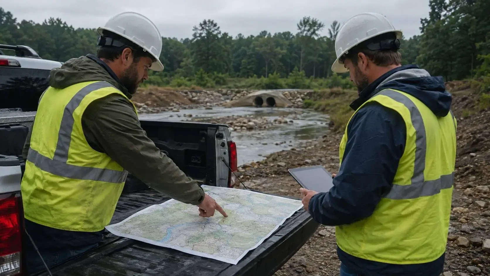 Engineers comparing discharge site options on a map