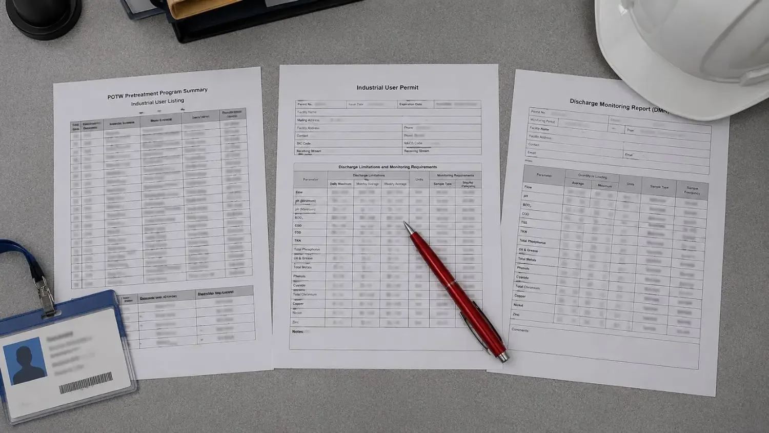 Municipal wastewater treatment plant operator reviewing industrial user permit compliance documents at a POTW showing the pretreatment program sampling records effluent limit table and industrial user discharge monitoring reports