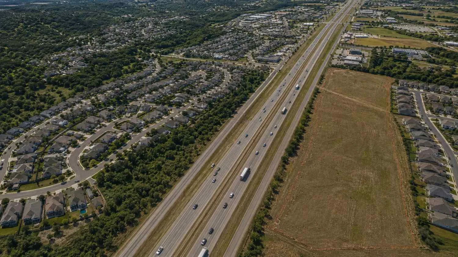 Aerial view of I-35 corridor development in Hays County Texas.