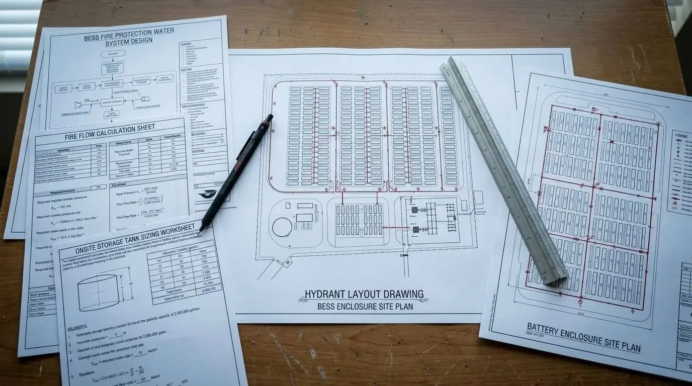 Fire flow calculation documents for a battery energy storage system
