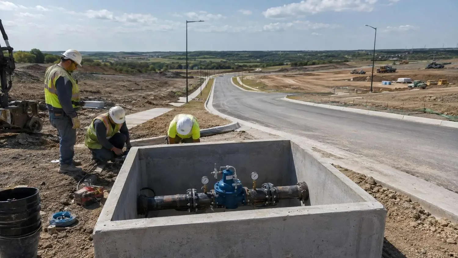Pressure reducing valve vault installation at McKinney development lower elevation area.