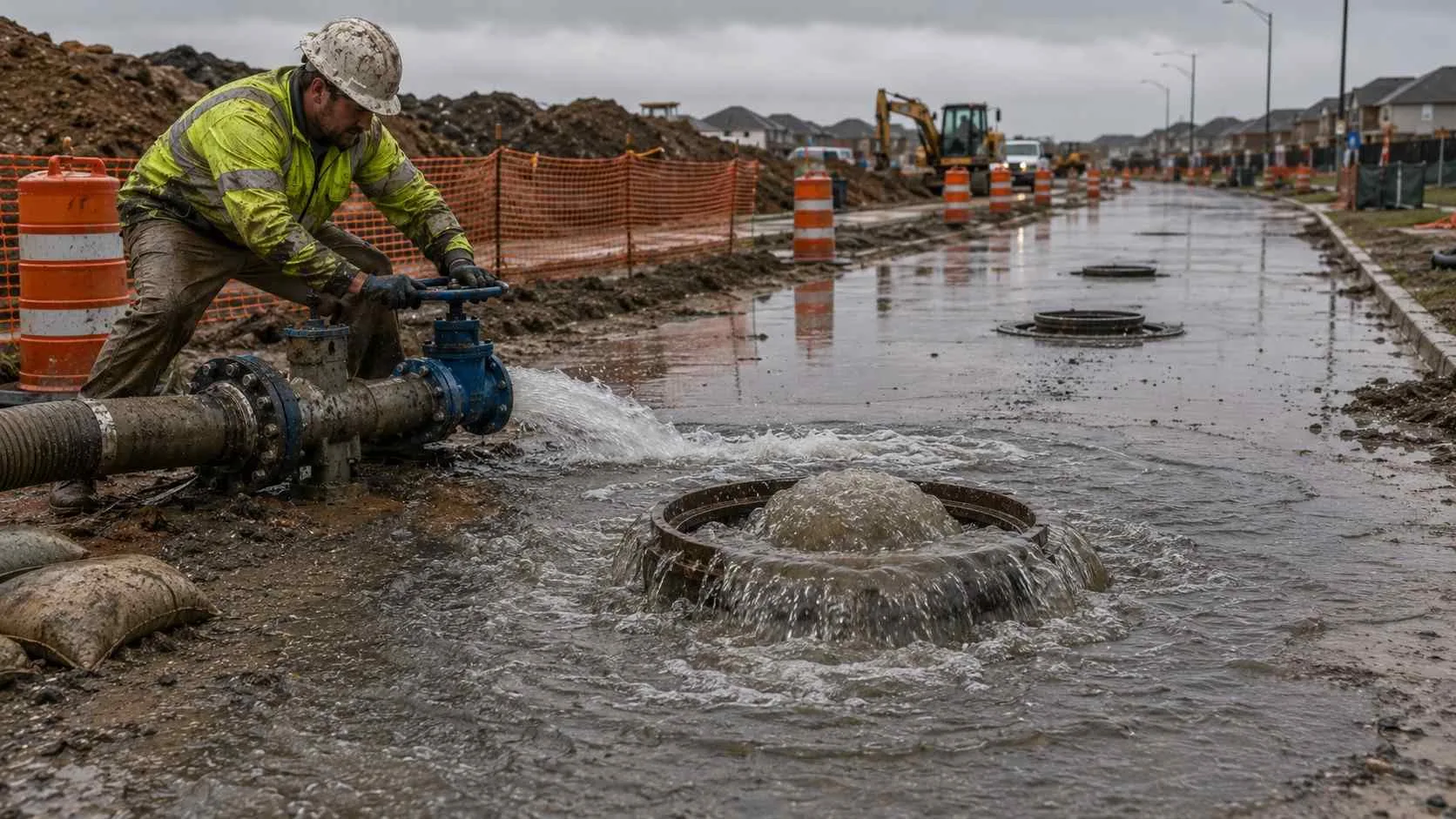 Sanitary sewer manhole surcharging from excessive construction discharge volume exceeding collection system capacity.