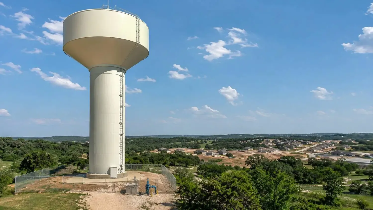 Elevated water storage tank serving Tarrant County growth corridor.