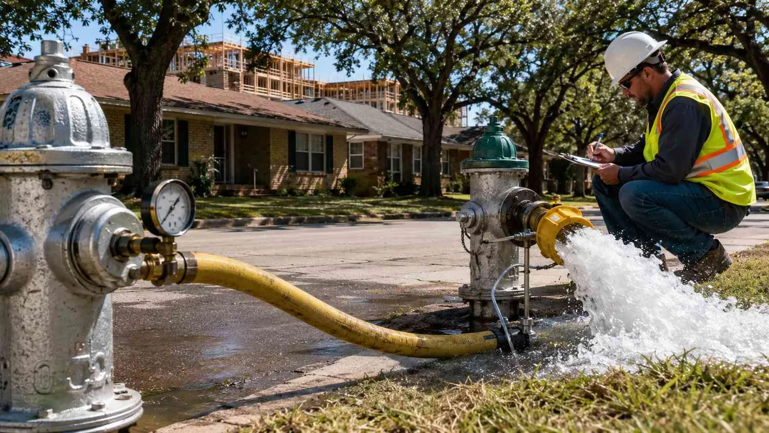 Fire hydrant flow test on undersized Dallas infill water main near multifamily redevelopment.