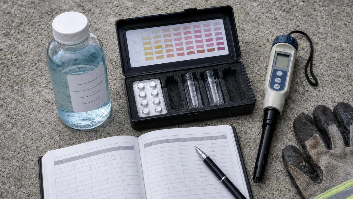 Close-up flat-lay of hydrostatic test water sampling equipment showing a clear water sample bottle collected from a newly tested Texas water main with a chlorine test kit measuring residual chlorine concentration before discharge.